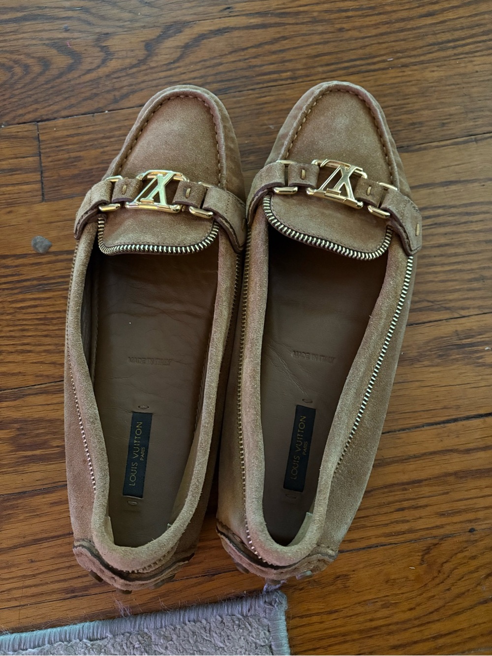 Louis Vuitton Tan Suede Driver Loafers with Gold LV Hardware